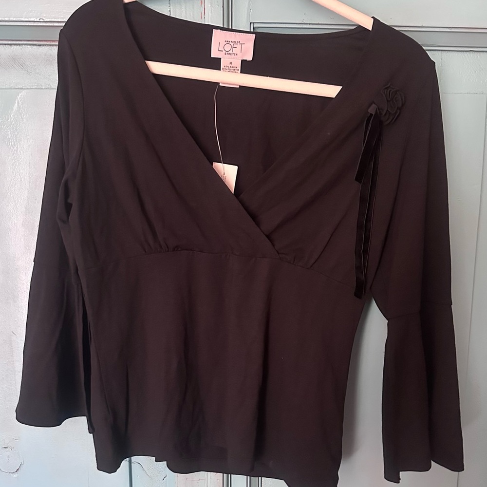 LOFT Black Long Sleeve Surplice Top with Rosette Detail